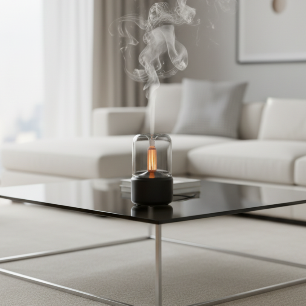 Black diffuser on glass coffee table