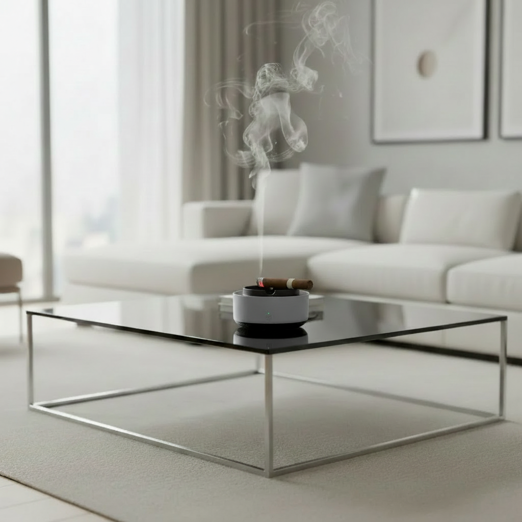 Grey AuraMist SmartSmoke Ashtray with cigar on modern glass coffee table